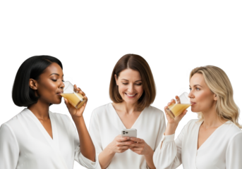 Three Women Enjoying Juice While One Checks Her Phone, Capturing a Blend of Modern Connection and Refreshment Against a Clean, Neutral Background