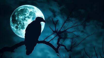 Eerie silhouette of an eagle perched on a branch against a full moon in the night sky, creating a spooky and mystical scene