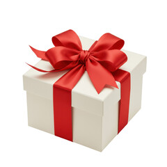 Obraz premium Pristine cream-colored rectangular gift box with vibrant red satin ribbon and elaborate bow, perfectly centered on transparent studio background, high-angle overhead shot, soft even light, concept of