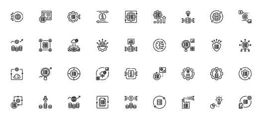Datanomics_2708 icon set. Business vector illustration. Includes symbols for big data, data management, software development, digital currency, analytics, security, and more. Editable stroke.