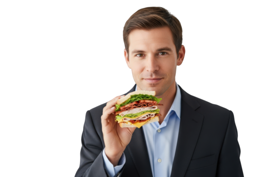 A Confident Man in a Suit Holds a Delicious Sandwich Against a Checkered Backdrop, Showcasing a Moment of Culinary Enjoyment and Professionalism in a Studio Setting