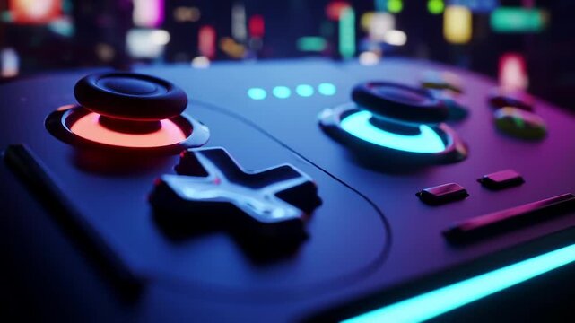 Closeup of a Generic Game Controller with Neon Lighting in a Cyberpunk Cityscape Background