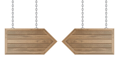 Two wooden arrow signs hang on chains against a white background. The signs point away from each other, suggesting opposite directions. The wood has a light brown textured finish.
