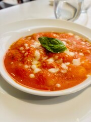 Traditional Italian dish of Gnocchi alla Sorrentina served on a white plate. Soft potato gnocchi baked in a rich tomato sauce with melted mozzarella and fresh basil.