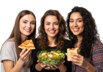 Diverse Group of Smiling Women Enjoying Healthy Food Against a Transparent Background, Promoting Wellness and Togetherness in a Modern Lifestyle Setting