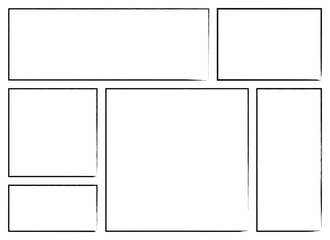 Illustration featuring an arrangement of blank rectangular and square frames with thick black borders, resembling a comic book or storyboard template with empty panels.
