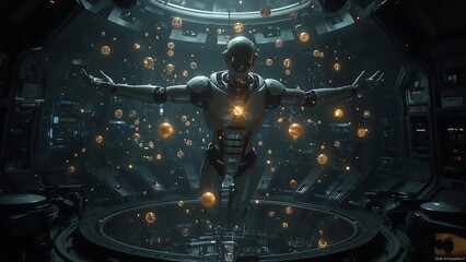 A humanoid robot floats silently inside a futuristic space station, surrounded by glowing data spheres in deep space