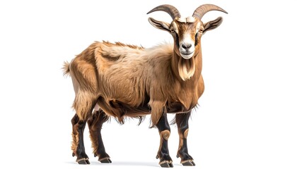 Fototapeta premium A full, eye-level shot of a light brown goat, presented against a plain white background.