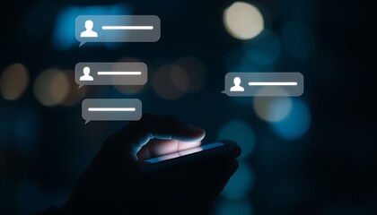 Hand using smartphone with glowing chat bubbles and user icons at night mobile phone texting