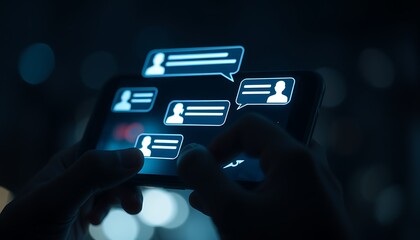Obraz premium Hands holding smartphone with multiple glowing chat bubbles and user icons mobile phone texting