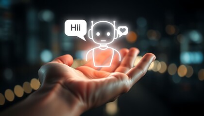 Person's hand presenting a glowing AI chatbot with heart icon and bokeh city lights artificial intelligence