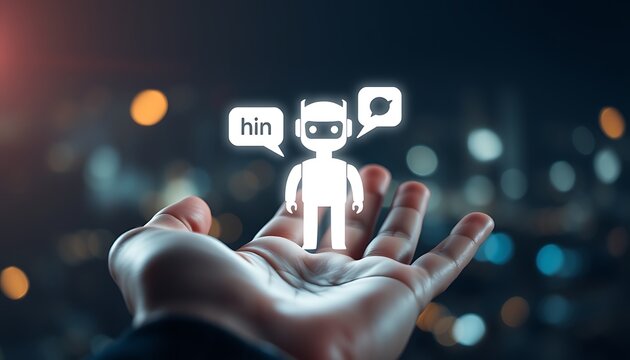 Open hand holding a glowing white robot icon with speech bubbles and bokeh city lights artificial intelligence