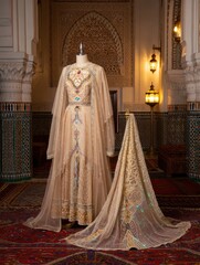 Naklejka premium Exquisite Moroccan Kaftan on Display with Rich Decorative Elements