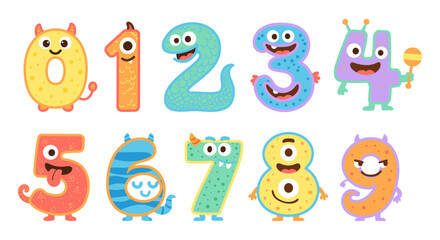 Funny kawaii monster numbers 0–9. Cute cartoon characters with eyes, horns and smiles. Colorful vector alphabet for kids learning, posters, games, education.