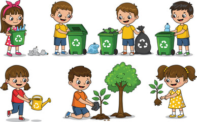 Happy kids recycling bottles, planting trees, watering plants, environmental care, nature conservation, eco-friendly activities, green earth, sustainable future.
