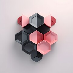 Fototapeta premium Abstract 3D hexagonal cubes in metallic pink and black tones, symbolizing modern digital design, futuristic technology, innovation, minimalism and geometric abstraction in contemporary art