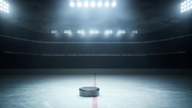Generic sports arena interior with a puck on the ice illuminated by overhead stadium lights. An empty audience seating area is in the background.