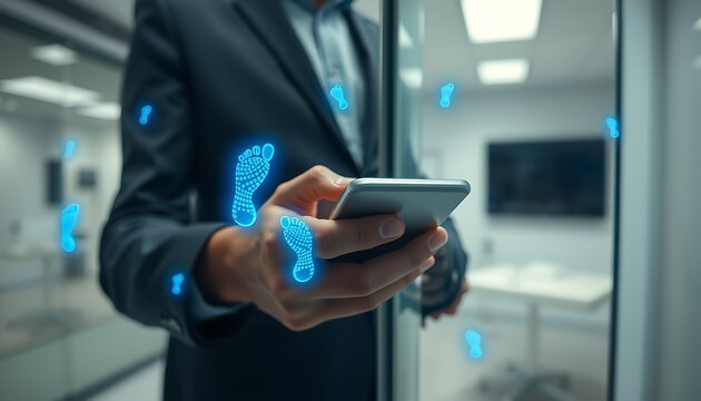 Man in Suit Uses Smartphone with Holographic Footprints Floating Around mobile phone technology