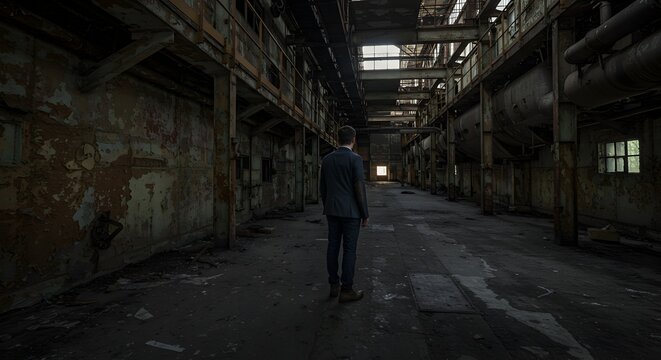 Man in suit standing in desolate industrial building hallway alone