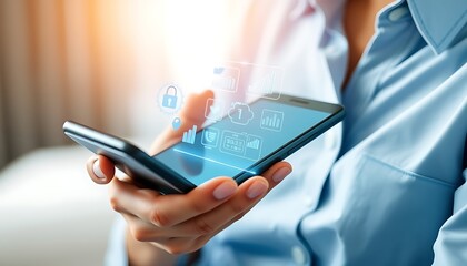 Woman holding a smartphone displaying a futuristic holographic interface with data charts and icons mobile phone