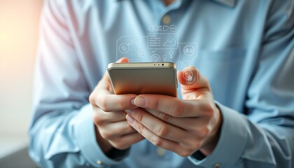 Close up of hands holding a smartphone with a digital holographic interface and various icons mobile phone