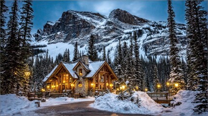 A winter wonderland scene showcasing a cozy log cabin nestled amongst snowy mountains.