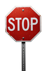 Red octagonal stop sign with bold white “STOP” text, mounted on a metal pole, isolated on transparent background.
