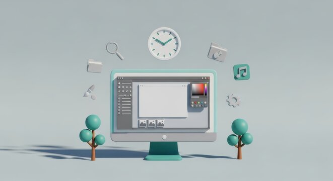 Retro computer setup with floating digital icons and stylized plants - Powered by Adobe