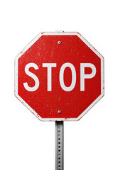 Red octagonal stop sign with bold white “STOP” text, mounted on a metal pole, isolated on transparent background.