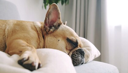 A fawn-colored French Bulldog naps peacefully on a cream-colored pillow
