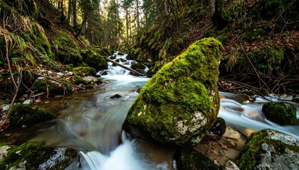 A mossy rock in a flowing stream