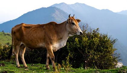 A light brown cow gazes out at a distant mountain range, standing on a grassy hillside.