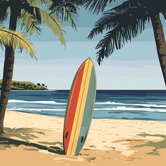 Beach scene with surfboard