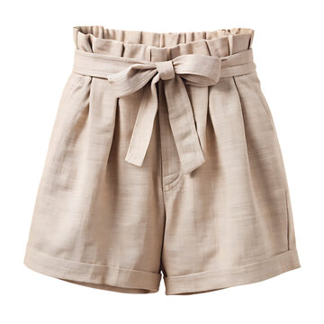 High-waisted linen shorts with a paper bag waist and tie belt isolated  on a white Background ,PNG. AI.Generated.