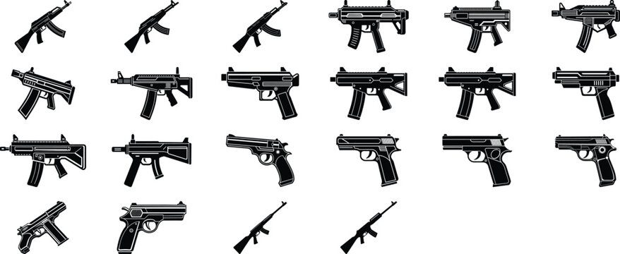 Collection of various types of firearms, including pistols, rifles, and machine guns isolated on transparent background, showcasing different weapon designs