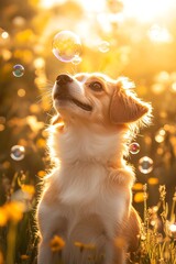 Puppy chasing bubbles in garden, golden sunlight, cinematic shallow depth
