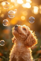 Puppy chasing bubbles in garden, golden sunlight, cinematic shallow depth