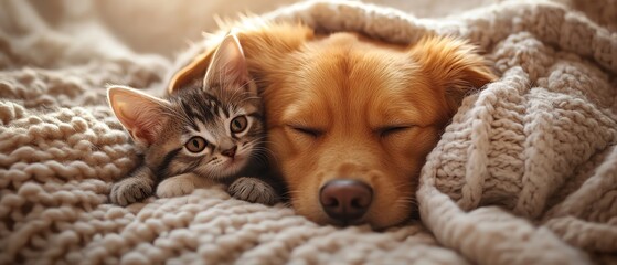 Puppy cuddling with kitten, soft morning light, cozy closeup lens