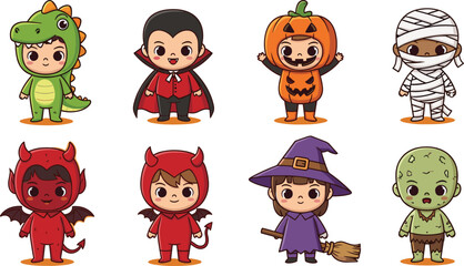 Cute Kids in Halloween Costumes, Cartoon Style Characters in Pumpkin, Vampire, Mummy, Witch, Devil, Dinosaur and Zombie Outfits, Vector Illustration