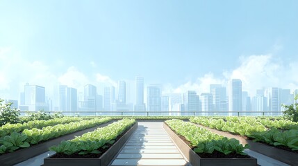 Fototapeta premium Urban Rooftop Garden with Lush Vegetables Against City Skyline