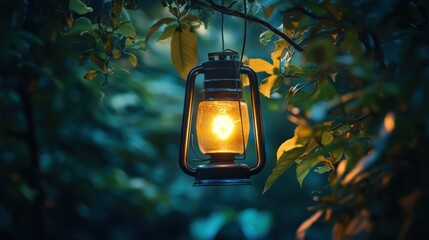 A vintage lantern glows warmly amidst dark foliage.