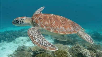 Obraz premium Green sea turtle gliding through clear ocean waters, surrounded by dappled sunlight and coral.