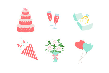 Wedding Decoration Vector Set with Cake, Rings, Bouquet, Balloons and Party Elements