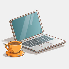 Laptop computer with a cup of coffee, illustration.
