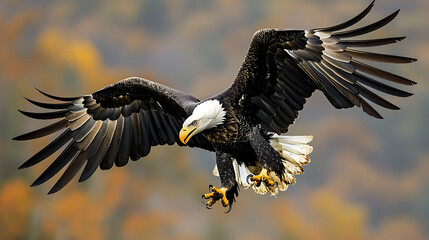 Obraz premium A bald eagle in flight, wings spread wide against a blurred background of autumn colors, showcasing its strength and freedom