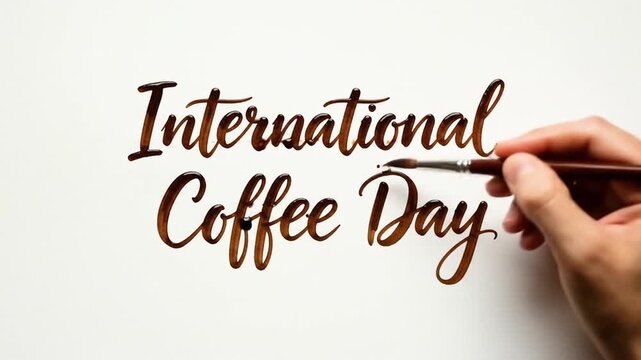 Hand painting International Coffee Day with coffee.