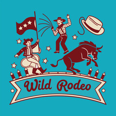 Vintage wild rodeo illustration with cowboys, bull and banner on blue background