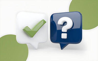 image features two 3D speech bubble icons, one with a green checkmark symbol and the other with a white question mark, symbolizing approval and uncertainty respectively.