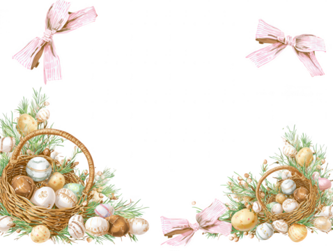 Easter egg baskets with pink bows and pine branches isolated on transparent background