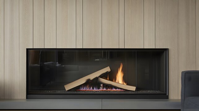 Modern Fireplace Design with Burning Logs in Minimalist Room